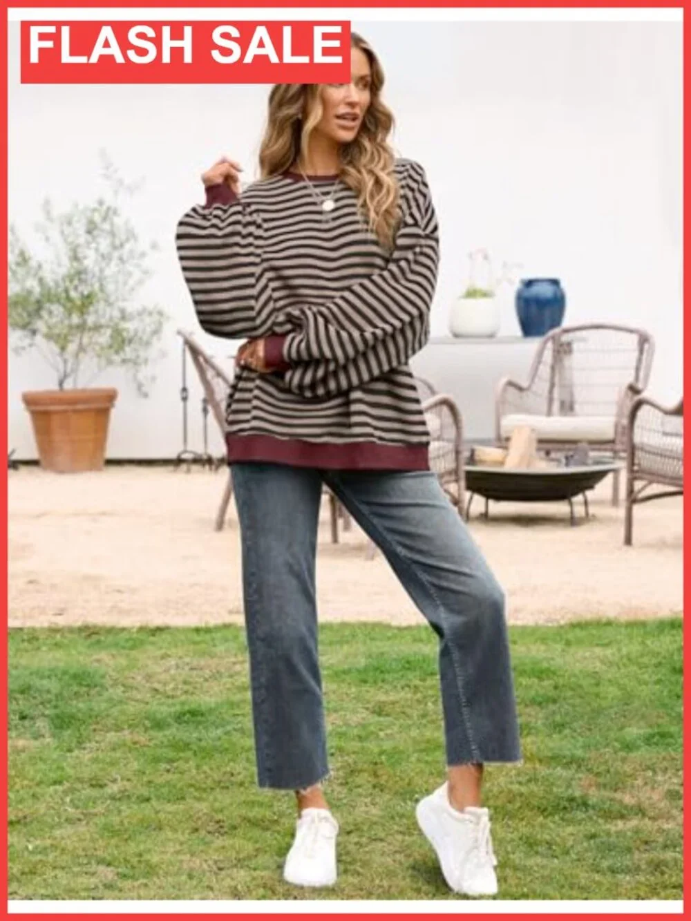 Oversized Striped Crewneck Sweatshirt Long Sleeve Casual Pullover